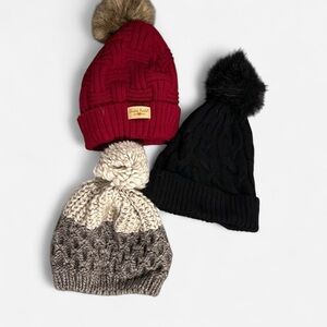 Stylish Pom-Pom Beanie Set - Red, Black, and Cream
